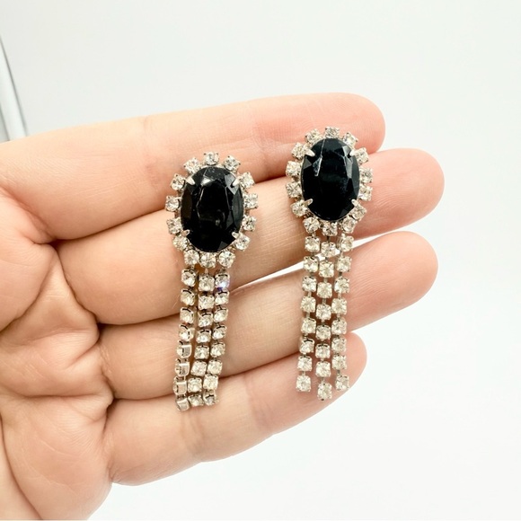 Vintage Dama Onyx Crystal Rhinestones Dangle Earrings - Picture 1 of 5